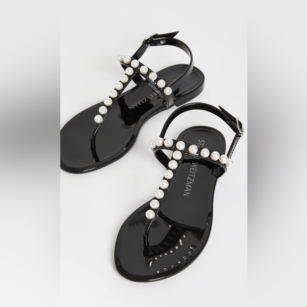 Stuart Weitzman Black Patent Pearl-Trim T-Strap Sandals - Picture 5 of 6